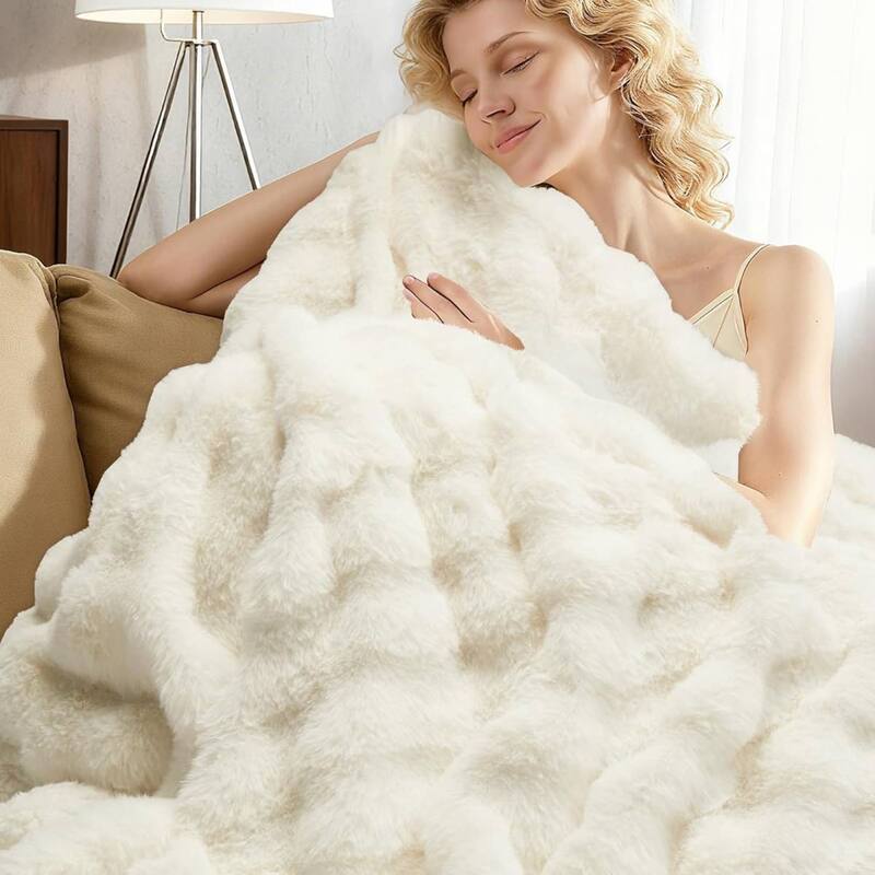 Dual Control Faux Fur Soft Bubble Electric Heating Blanket, Beige - 84*90 inch