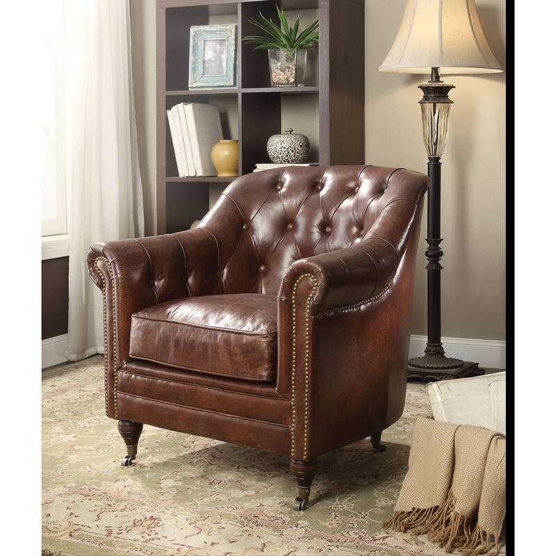Crispin Vintage Dark Brown Button-Tufted Accent Chair