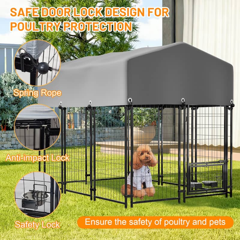 GDFStudio - Large Outdoor Heavy Duty Metal Dog Kennel with Roof, UV-Resistant Waterproof Cover, Double Lock & Rotating Feeder