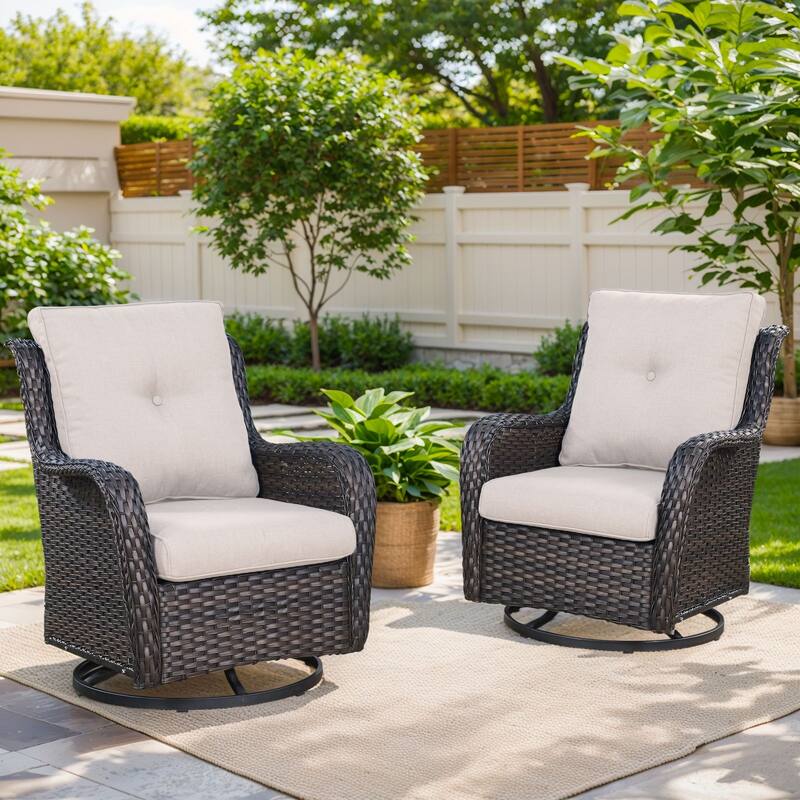 779657388297 Outdoor Swivel Glider Chairs with 4Inch 5Inch 6Inch Cushion - Brown Wicker Beige Cushion - 2 Pieces Swivel Chair with 4 Inch Cushion