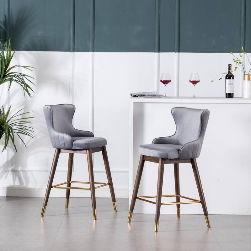 Set of 2 Upholstered Wingback Counter Stools - Mid-Century Fabric Bar Stools with Gold-Tipped Legs for Kitchen & Dining
