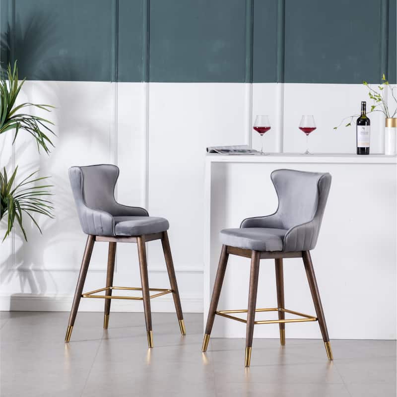 Velvet Fabric Upholstered Bar Chair Set of 2, Counter Height Wingback Design Chair w/Footrest for Kichen Island, Bar & Counter