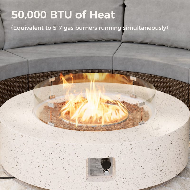 SUNBURY Round Outdoor Propane Fire Pit w Wind Guard and Tank Cover