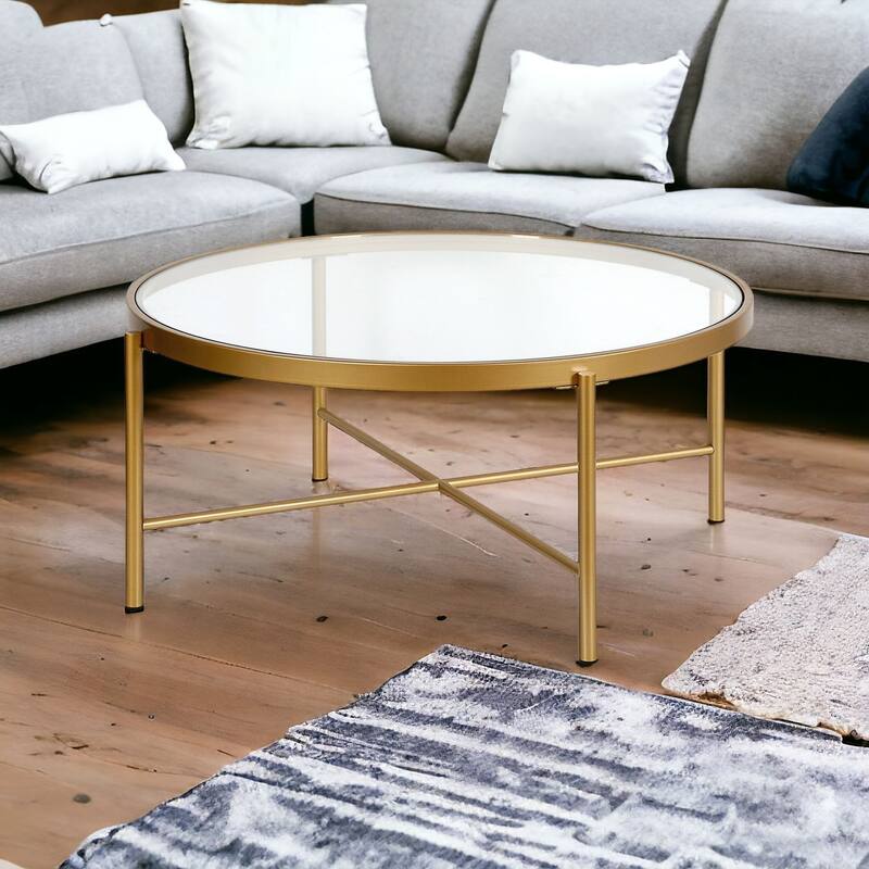 36 Inch Glass and Steel Round Coffee Table Modern Living Room - 36” x 36” x 16”
