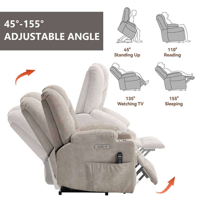 Large Power Lift Recliner with Massage & Heat - Heavy Duty Wide Recliner Chair for Elderly, USB/Type-C Charging, Cup Holders
