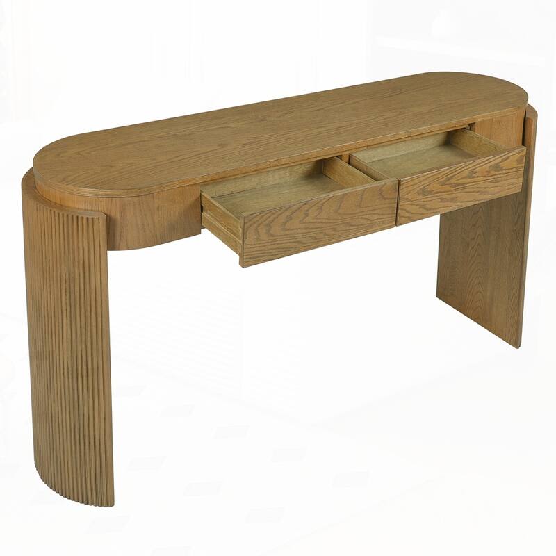 Oval Top and 2 Drawers Entryway Table with Natural Wood Grain Finish