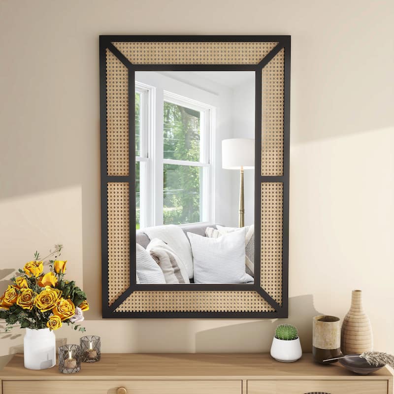 Large Rattan Wall Mirror Bohemian Square Accent Mirror for Wall Decor - 23.6"×35.5"