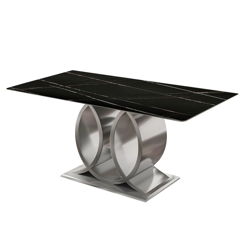 Modern Rectangle Stone Slab Tabletop Stainless Steel Pedestal Dining Table - 4 Seats - Black