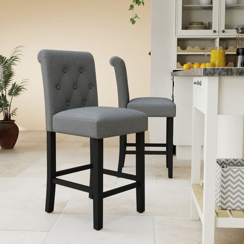24 Inches Fabric Upholstered Counter Height Bar Stools with Button Tufted Back Set of 2
