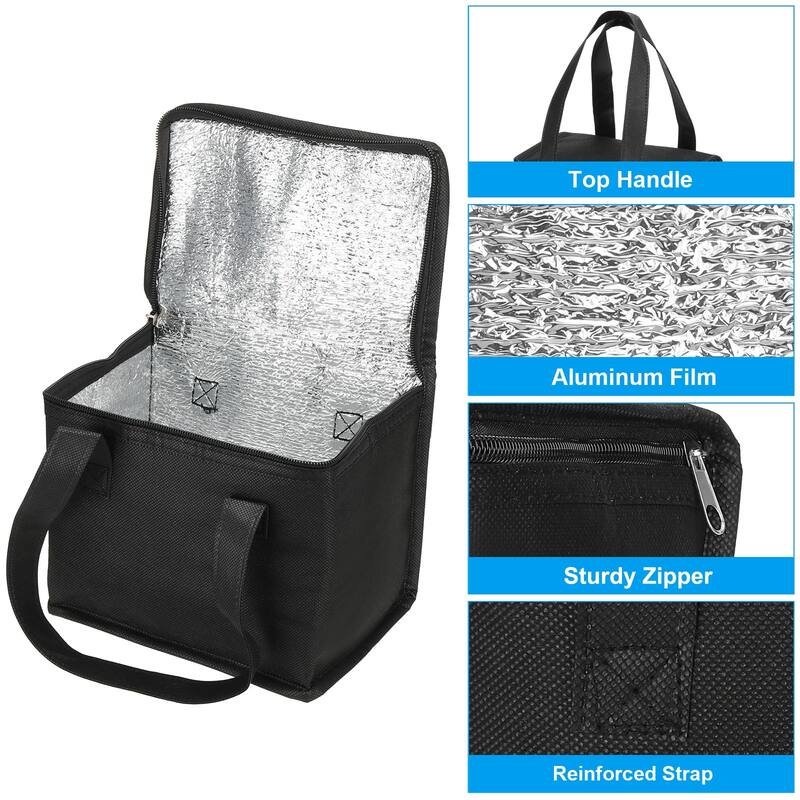 8.3"x5.5"x6.7" Insulated Reusable Grocery Bag Food Delivery Tote Bag, Black