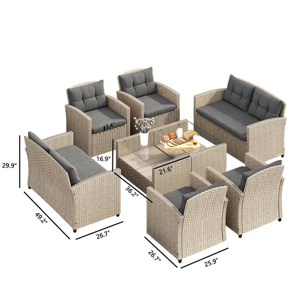 dimension image slide 1 of 2, Corvus Armitage 8-piece Outdoor Wicker Sofa Set with Cushions