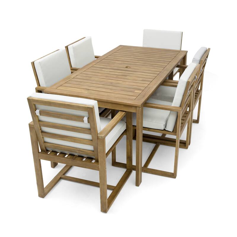 7 Piece Acacia Wood Patio Dining Set, Outdoor Dining Table and Chair Set with Built In Umbrella Hole and Removable Cushions