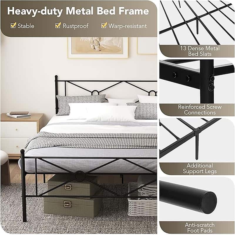 Queen Size Metal Platform Bed Frame w/ Headboard Mattress Foundation