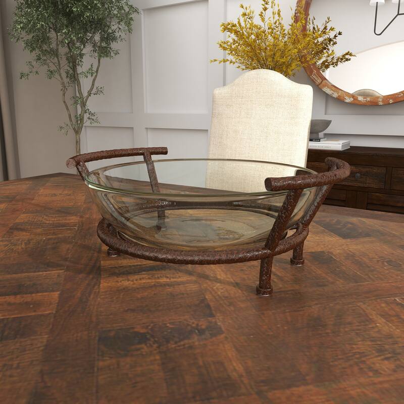 Clear Tempered Glass Kitchen Serving Bowl with Brown Metal Base