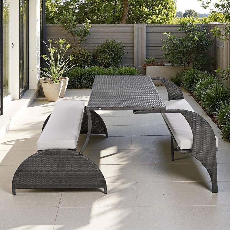 Multi-Functional Outdoor Patio Rattan Loveseat Sofa, Convertible 4-Seats Dining Set - Beige