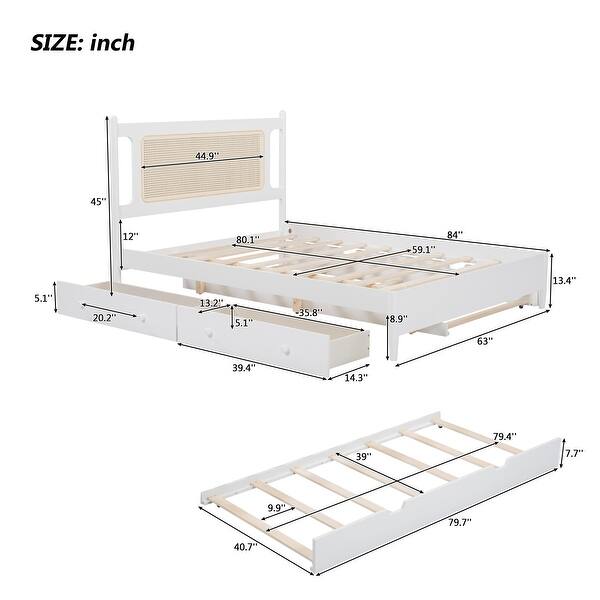 dimension image slide 1 of 3, Queen Size Wooden Rattan Platform Bed, with 2 Big Drawers, T Size Trundle