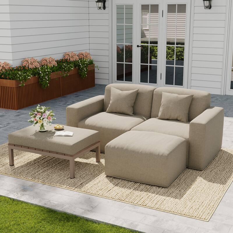 No Assembly Outdoor Patio Modular Sofa with Ottoman, Coffee Table - Camel