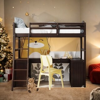 Modern Twin Size Loft Bed With Drawers,Cabinet,Shelves and Desk,Sturdy Construction