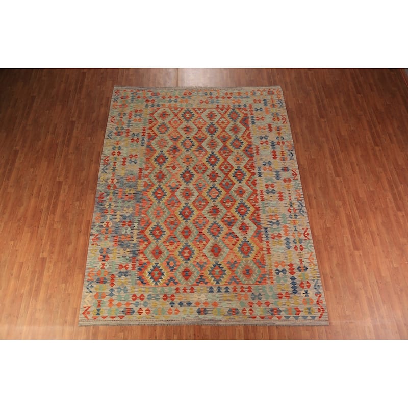 Geometric Kilim Reversible Area Rug Flatweave Wool Carpet - 8'5"x 11'2"