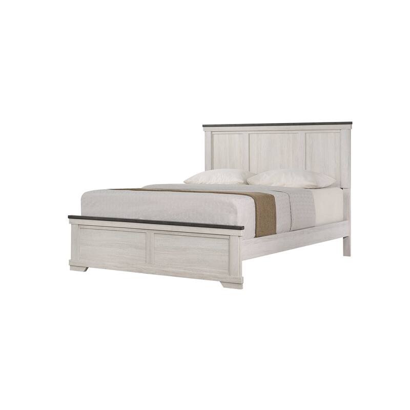 Queen Size Wooden Panel Bed with Farmhouse Headboard and Tapered Feet - Brown white