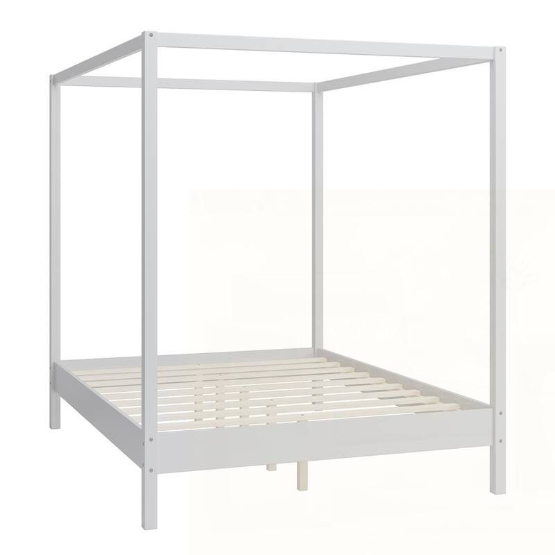 Solid Wood Canopy Bed Frame Four Poster Platform Bed with Slats Support
