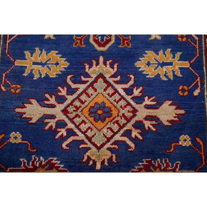 Blue Geometric Kazak Accent Rug Hand-Knotted Oriental Wool Carpet - 3'5" x 4'11"