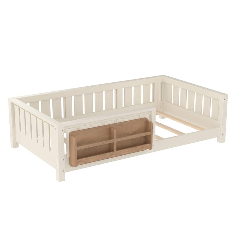 Low Profile Montessori Bed Floor Platform Bed with Fence and Bookshelf