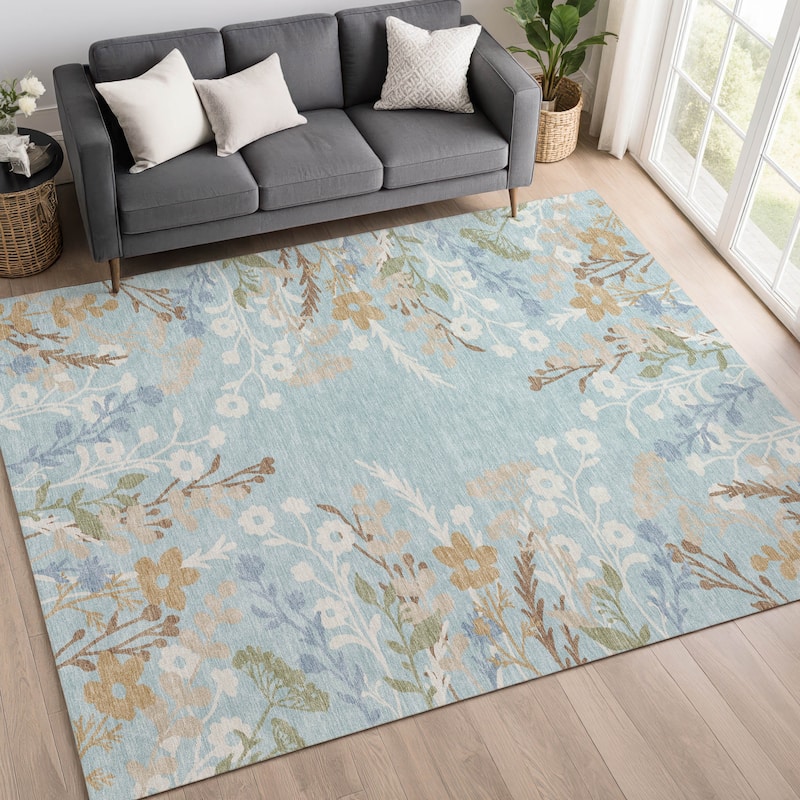 Machine Washable Indoor/ Outdoor Floral Border Chantille Rug