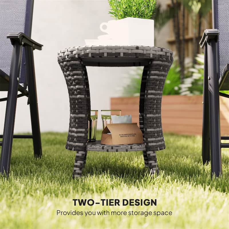 Steel PE Rattan WPC 2-Tier Hourglass Outdoor Side Table - 18.1" Dia. x 19.7" H