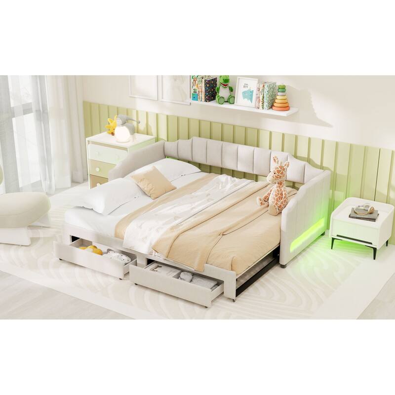 Roomfitters Twin XL Upholstered Daybed with LED Lights and 2 Storage Drawers, Extendable Pull-Out Sofa Bed Frame