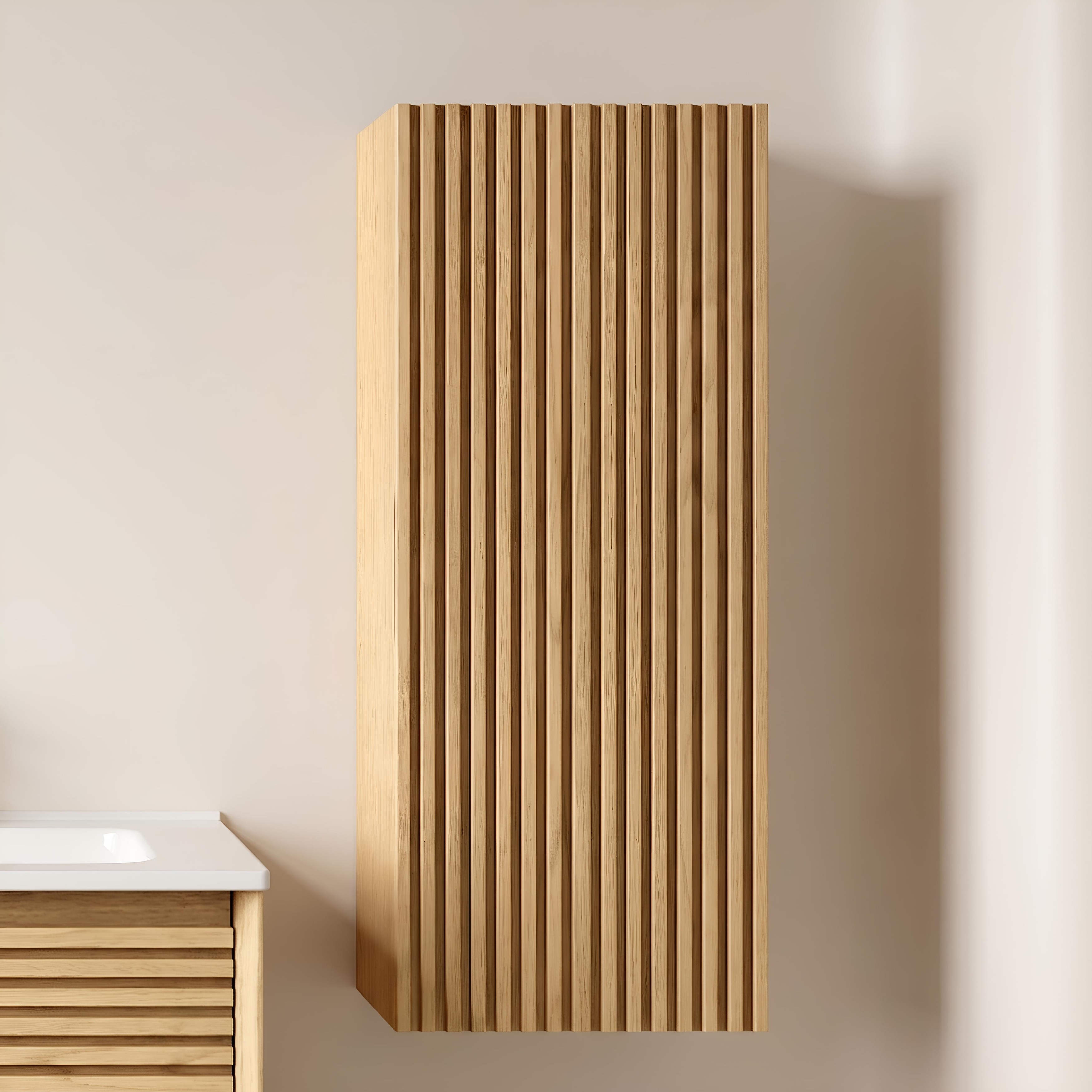 GDFStudio - Boi 12" Wall-Mounted Floating Striped Bathroom Vanity Side Cabinet with Door & Shelf, Corolla Oak Woodgrain Finish