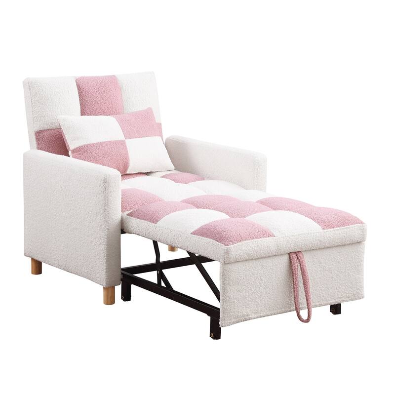 Teddy Fabric Convertible Multi-Functional Sleeper Sofa with Pillow - Pink+White