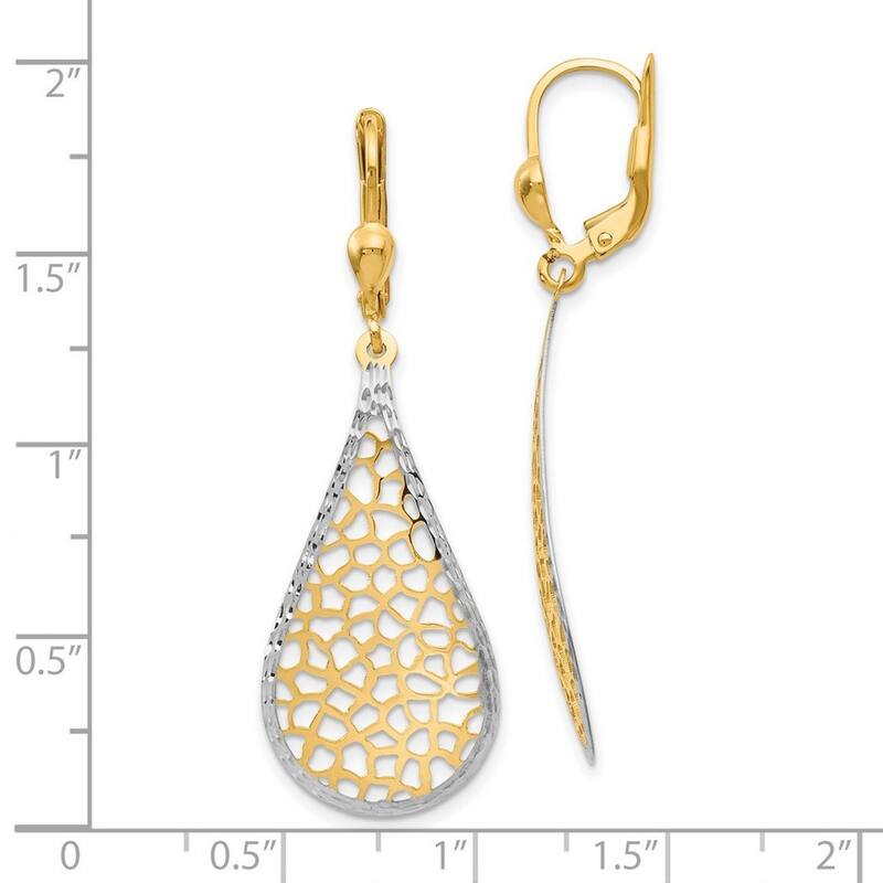 Curata 14k Yellow Gold With White Rhodium Sparkle Cut Cut-out Pear Shape Leverback Earrings 46x16mm