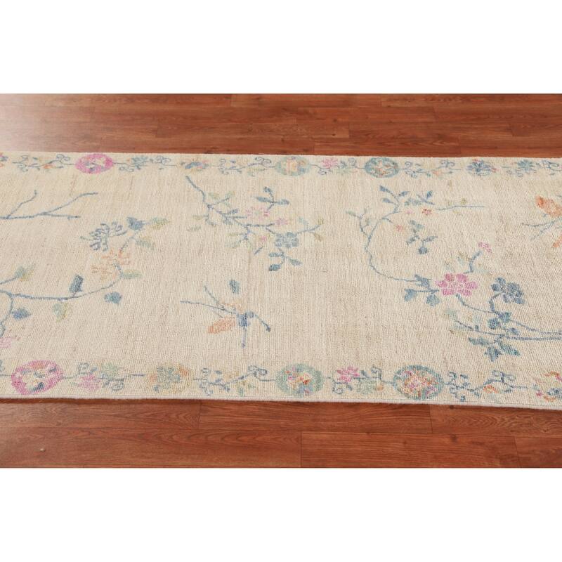 Hand Knotted Oriental 100% Wool Carpet Traditional Floral Beige & Ivories Art Deco Runner Rug - 10' 3'' X 2' 9''