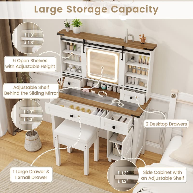 Versatile Makeup Vanity Desk with Sliding LED Mirror Tempered Glass Tabletop and Large Storage Space - 42" x 16" x 54.5"