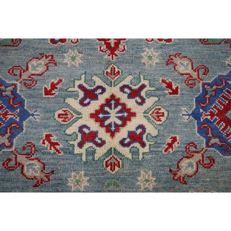 Blue Geometric Kazak Oriental Area Rug Hand-Knotted Wool Carpet - 5'0" x 6'6"