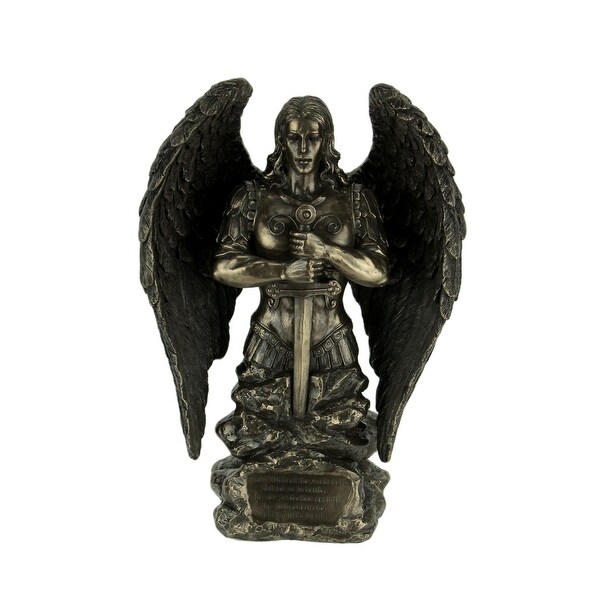 Archangel Saint Micheal In Stone Holding Sword Prayer Monument Statue - 8.75 X 6.25 X 2.5 inches