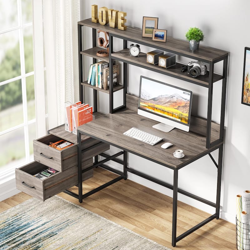 Rustic Computer Office Desk with Drawers and Hutch