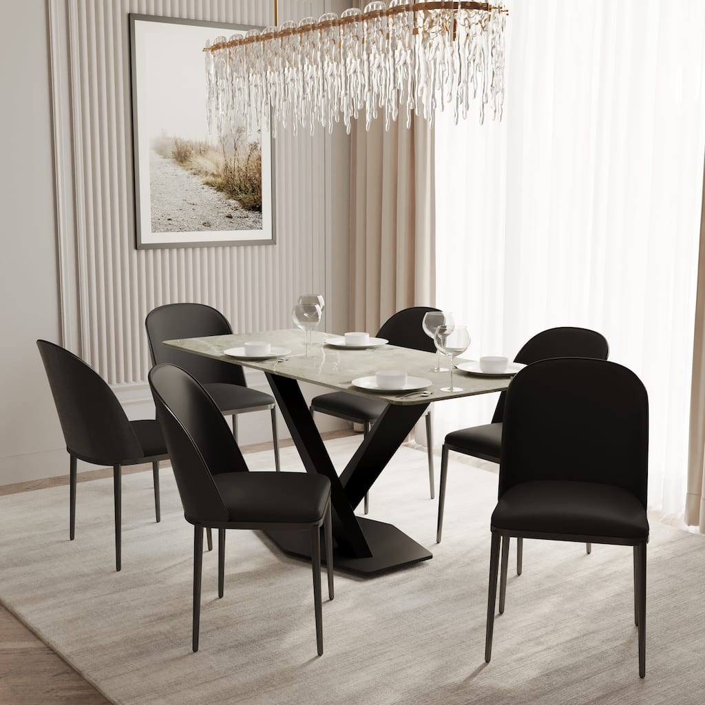 Zayle 7-Piece Dining Set 55-Inch Rectangular White Sintered Stone Dining Table and 6 Dining Side Chairs