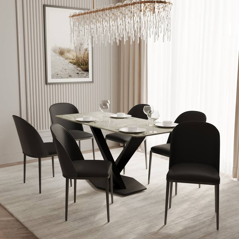 Zayle 7-Piece Dining Set 55-Inch Rectangular White Sintered Stone Dining Table and 6 Dining Side Chairs