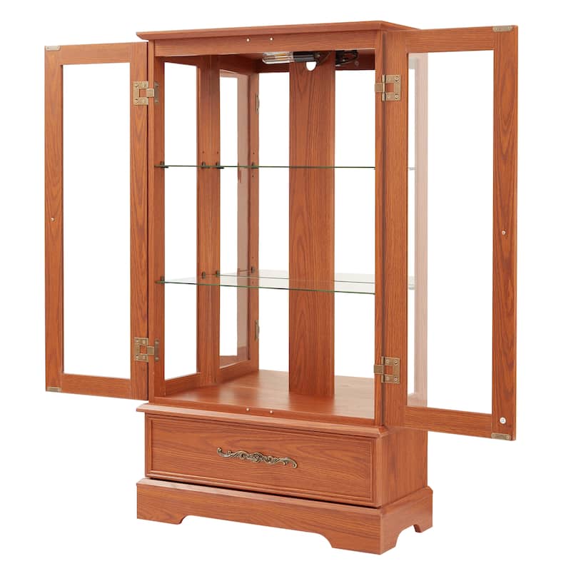 Lighted Glass Curio Cabinet with Adjustable Shelves - Elegant 2-Door Display Cabinet & Built-in Drawer, Includes Bulb