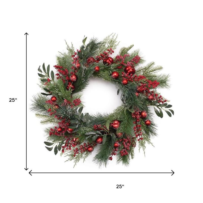 HomeRoots 25" Green And Red Artificial Pine Berries And Ornaments Christmas Wreath