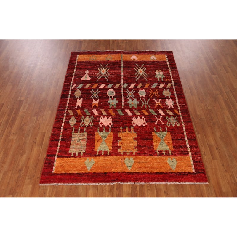 Red Geometric Moroccan Oriental Area Rug Hand-Knotted Wool Carpet - 5'8" x 7'8"