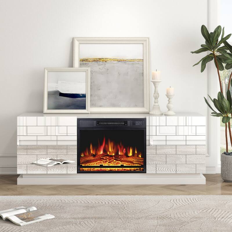 63" Electric TV Stand Fireplace with Adjustable LED Flame - Mirrored