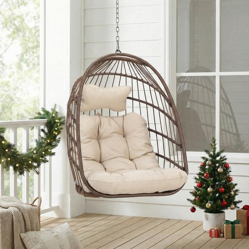 Indoor Hanging Egg Chair Without Stand, 350 lbs Capacity, Wicker Egg Swing Chair with Cushion for Living Room and Bedroom - Brown