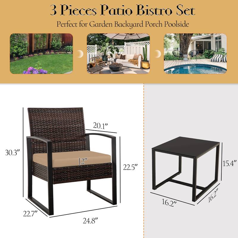 3-Pieces Wicker Patio Conversation Set Outdoor Chairs with Cushions