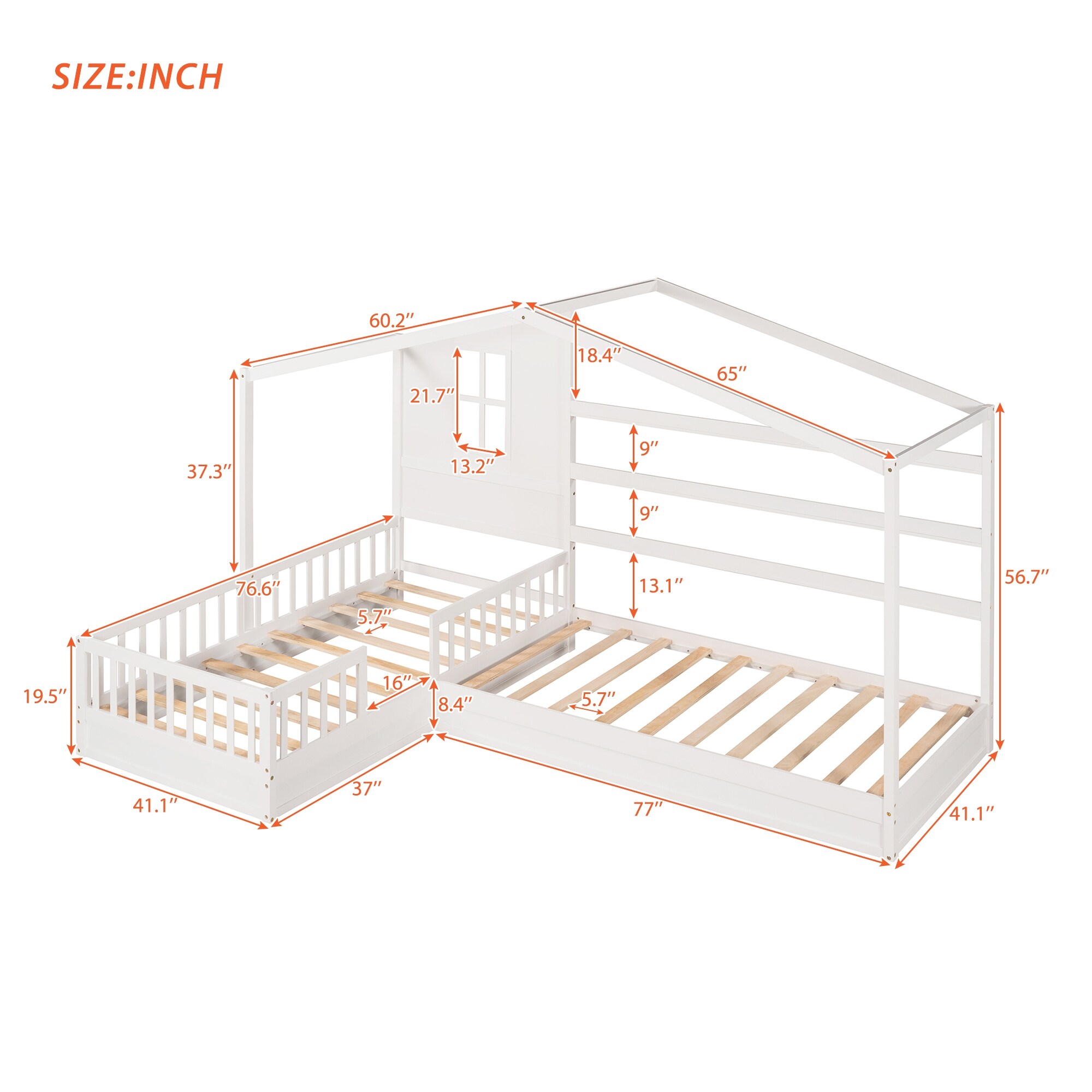 L Shaped Twin Size Wood Platform Bed Creativity House Bed 2 Twin Solid   L Shaped Twin Size Wood Platform Bed Creativity House Bed%2C 2 Twin Solid Bed With Fence And Slatted Frame 