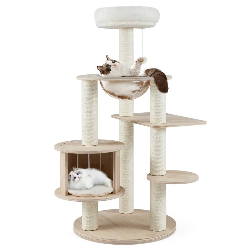 Natural Wooden Cat Tree Tower with Condo Perch Space Capsule and Scratching Posts 52 Inch
