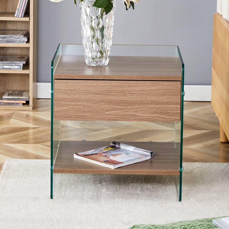 17.7" Modern Square Coffee Table with 1 Drawer and Tempered Glass Legs for Living Room