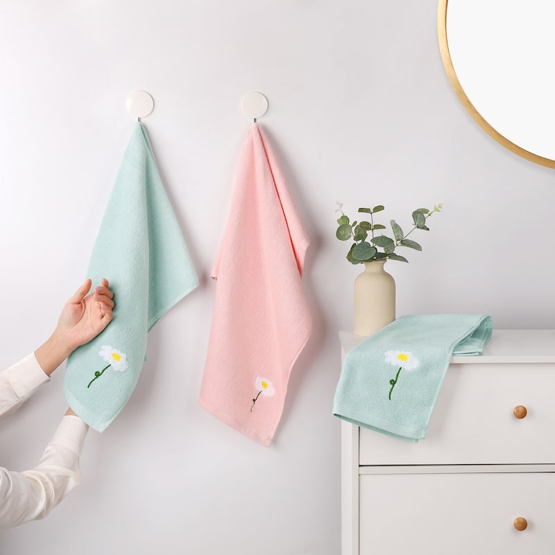 Floral Pattern Cotton Hand Towels Flower Embroidered Soft Absorbent Decorative Towel Set for Bathroom - Blue - 4 Pack